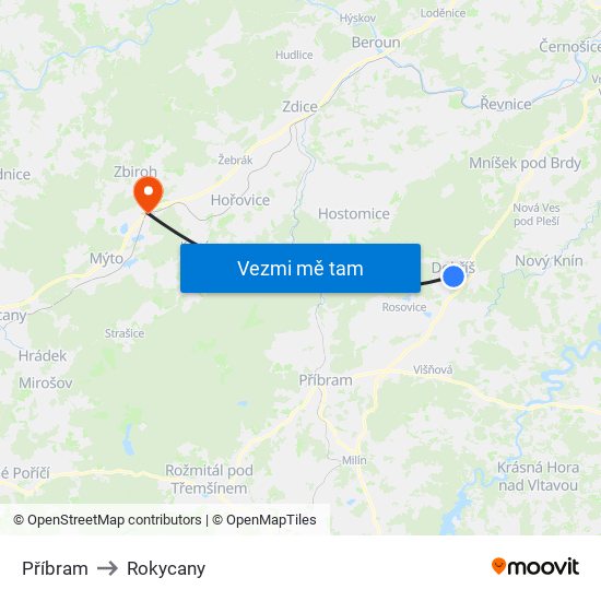 Příbram to Rokycany map