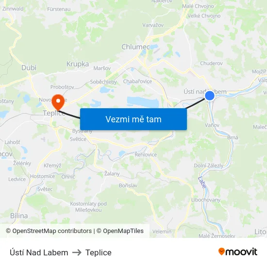 Ústí Nad Labem to Teplice map