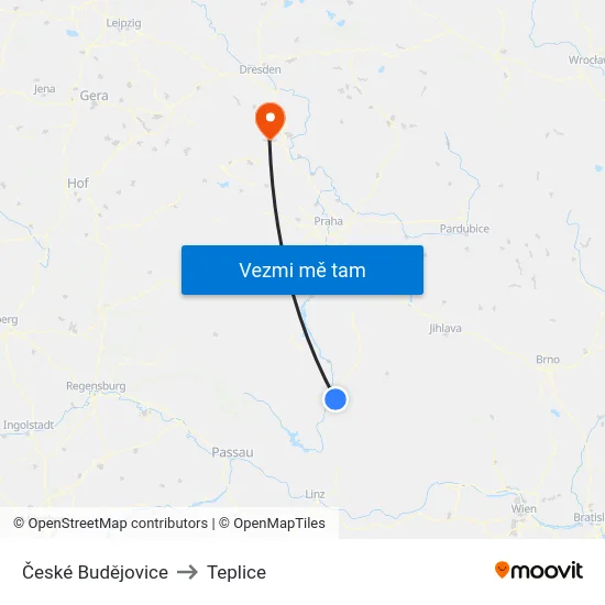 České Budějovice to Teplice map