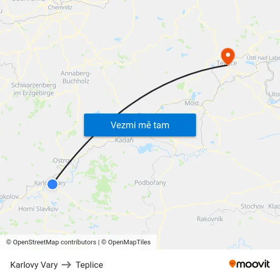 Karlovy Vary to Teplice map