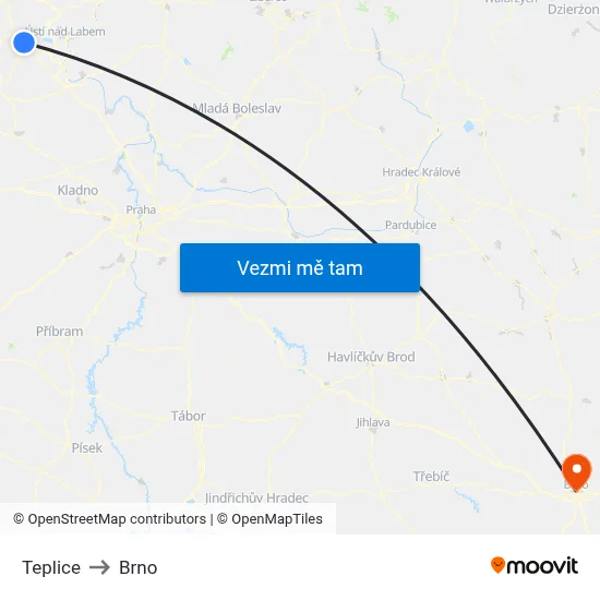 Teplice to Brno map