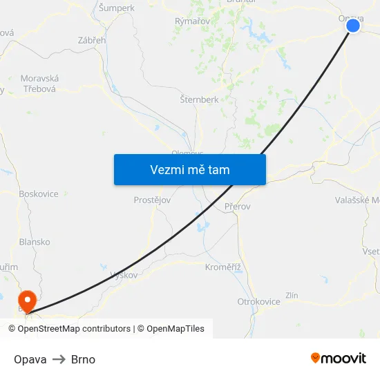 Opava to Brno map