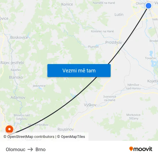 Olomouc to Brno map