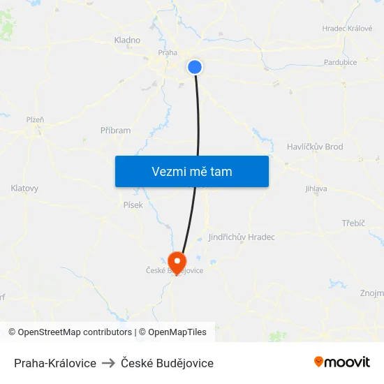 Praha-Královice to České Budějovice map