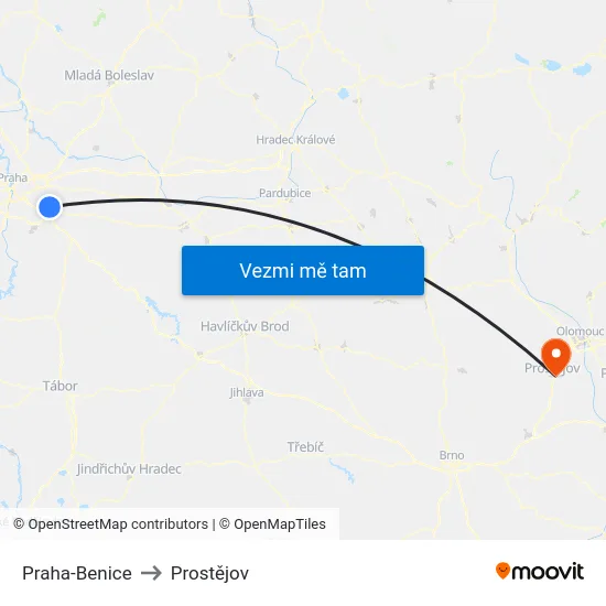 Praha-Benice to Prostějov map