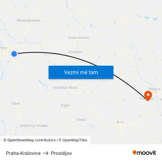 Praha-Královice to Prostějov map