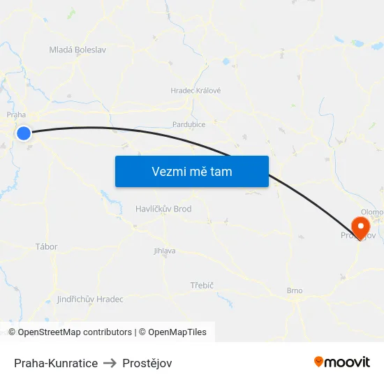Praha-Kunratice to Prostějov map