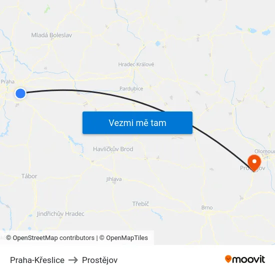 Praha-Křeslice to Prostějov map