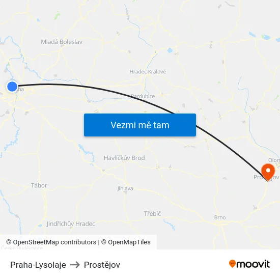 Praha-Lysolaje to Prostějov map
