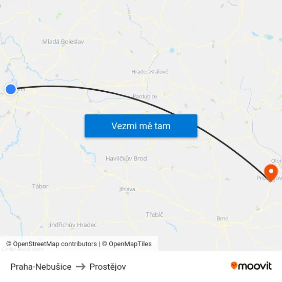 Praha-Nebušice to Prostějov map