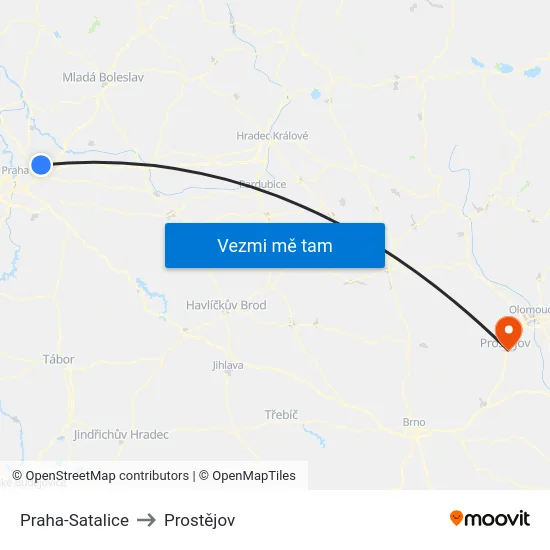 Praha-Satalice to Prostějov map