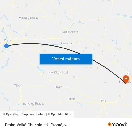 Praha-Velká Chuchle to Prostějov map