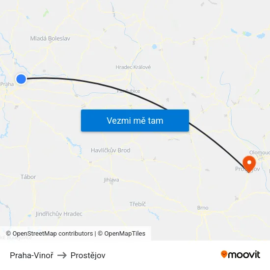 Praha-Vinoř to Prostějov map