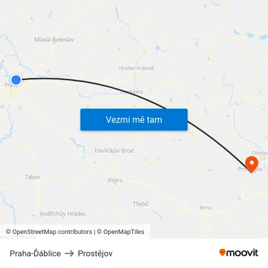Praha-Ďáblice to Prostějov map