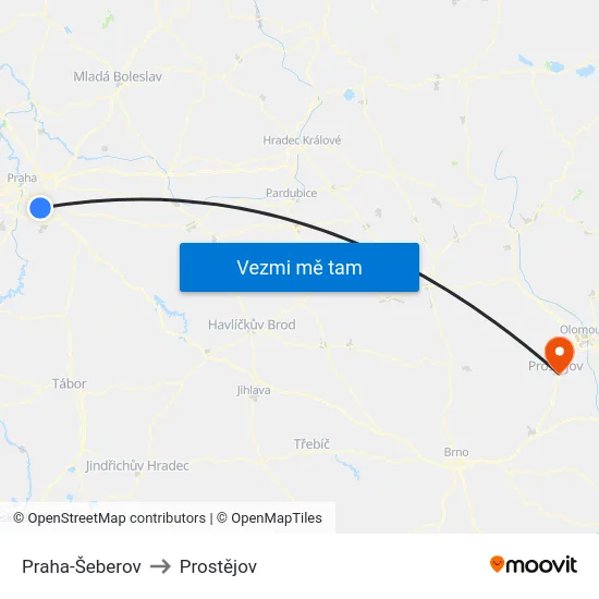 Praha-Šeberov to Prostějov map
