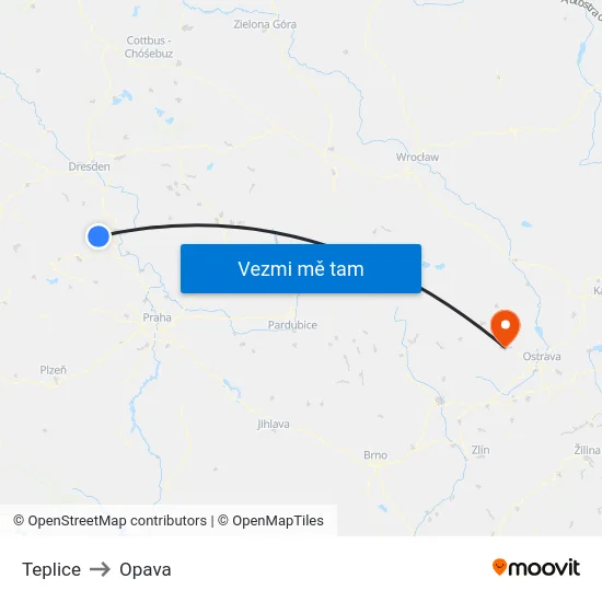 Teplice to Opava map