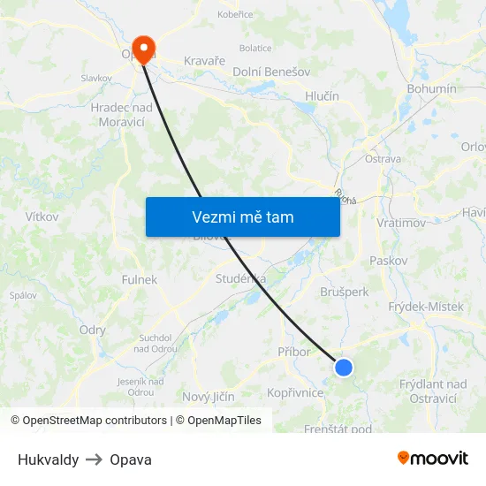 Hukvaldy to Opava map