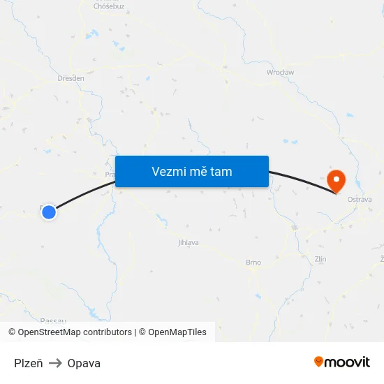 Plzeň to Opava map