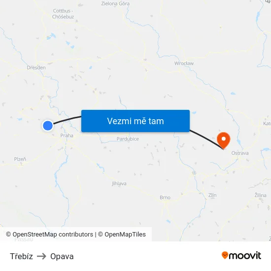 Třebíz to Opava map