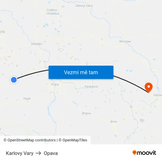 Karlovy Vary to Opava map