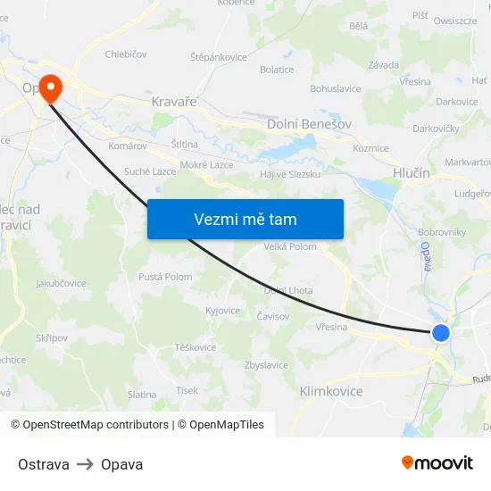 Ostrava to Opava map
