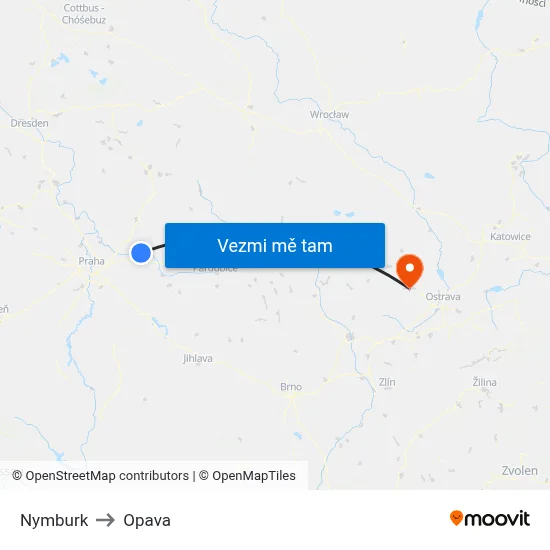 Nymburk to Opava map