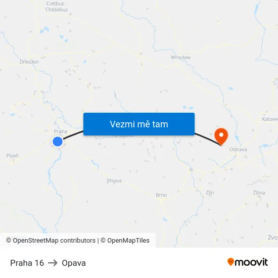 Praha 16 to Opava map