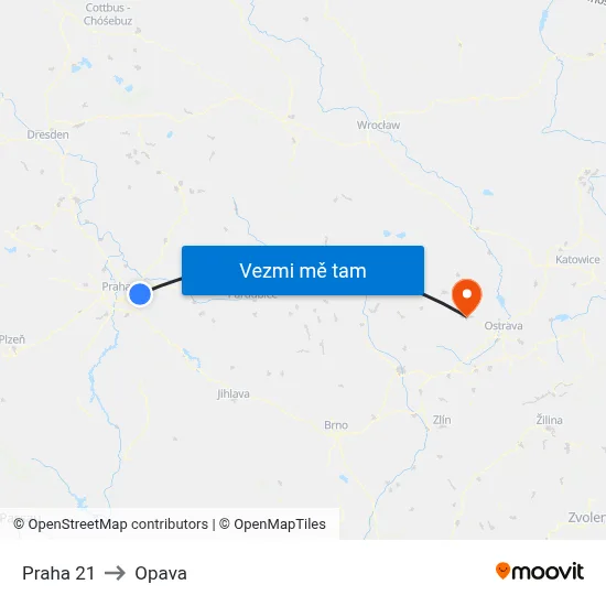 Praha 21 to Opava map