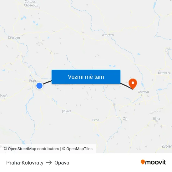 Praha-Kolovraty to Opava map