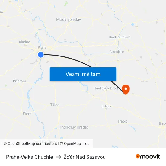 Praha-Velká Chuchle to Žďár Nad Sázavou map