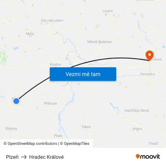 Plzeň to Hradec Králové map