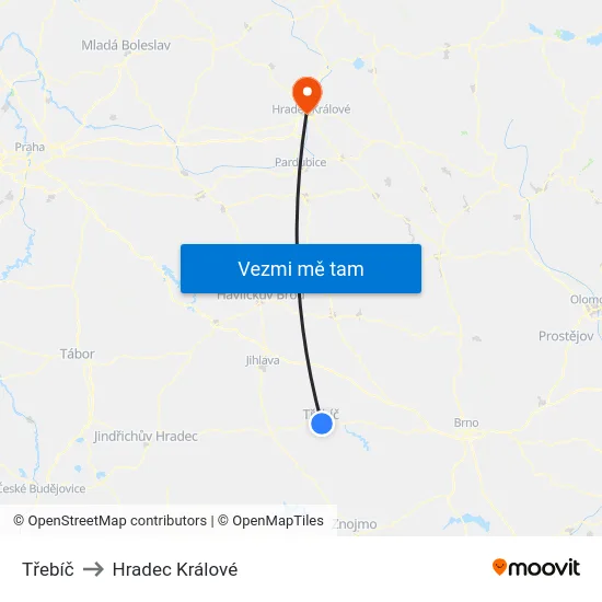 Třebíč to Hradec Králové map