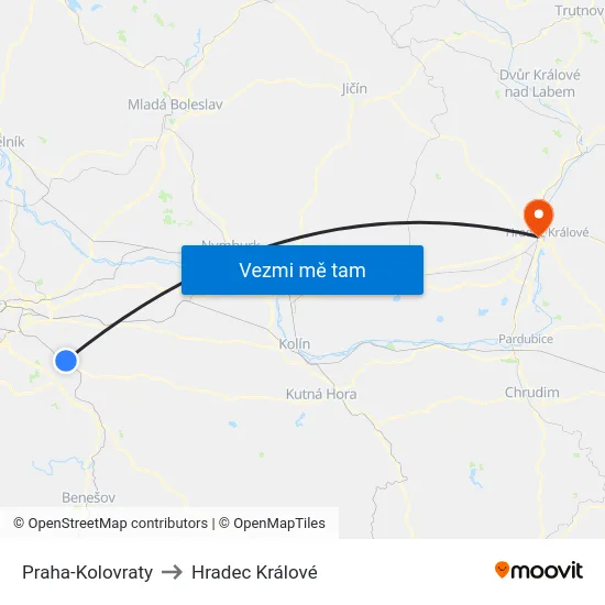 Praha-Kolovraty to Hradec Králové map