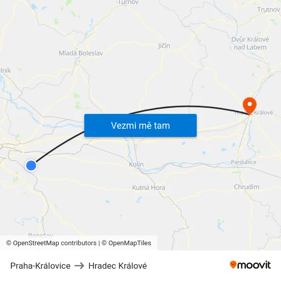 Praha-Královice to Hradec Králové map