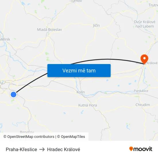 Praha-Křeslice to Hradec Králové map