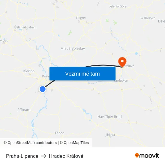 Praha-Lipence to Hradec Králové map
