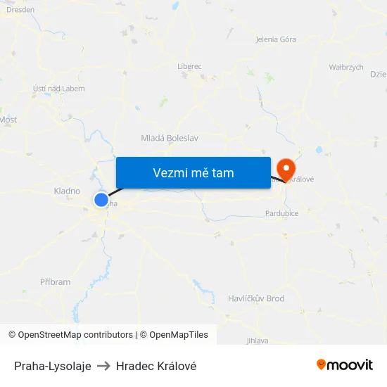 Praha-Lysolaje to Hradec Králové map