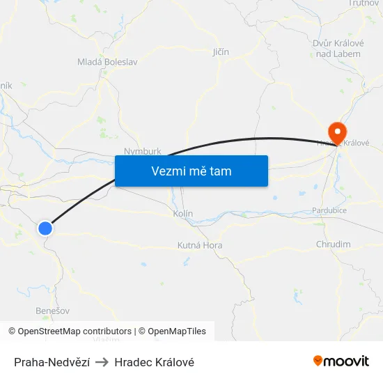 Praha-Nedvězí to Hradec Králové map