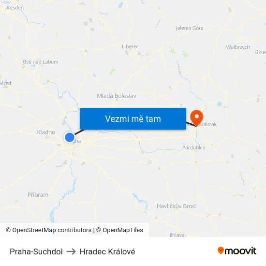 Praha-Suchdol to Hradec Králové map