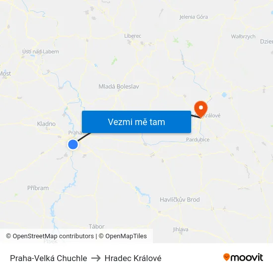 Praha-Velká Chuchle to Hradec Králové map