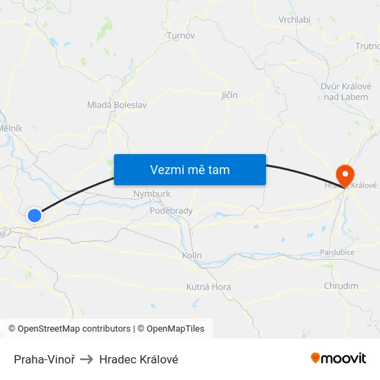 Praha-Vinoř to Hradec Králové map