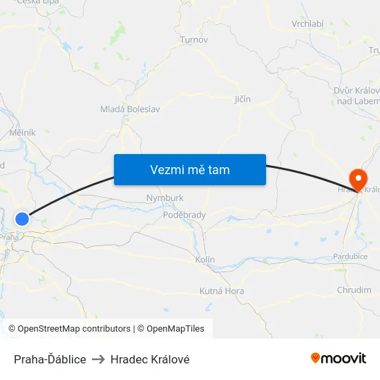 Praha-Ďáblice to Hradec Králové map
