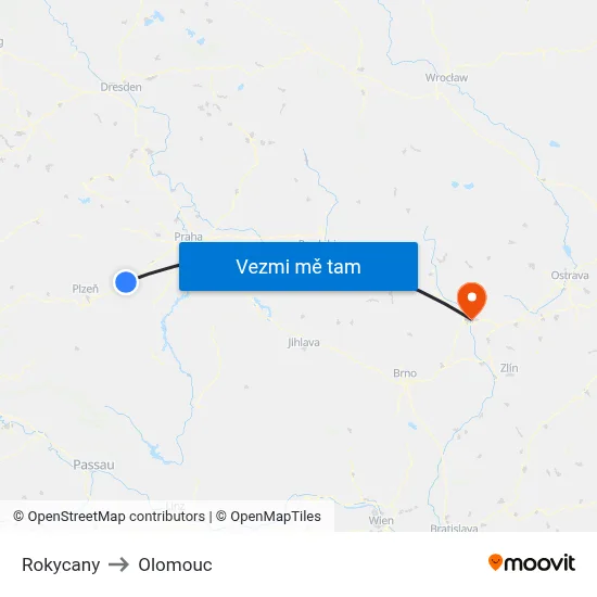 Rokycany to Olomouc map