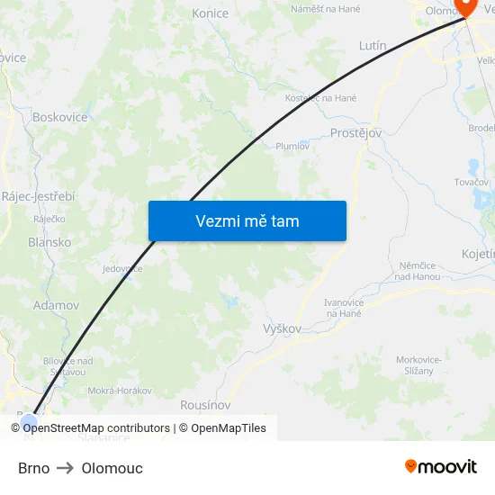Brno to Olomouc map