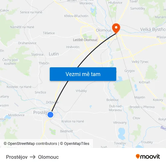 Prostějov to Olomouc map
