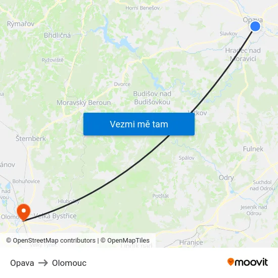 Opava to Olomouc map