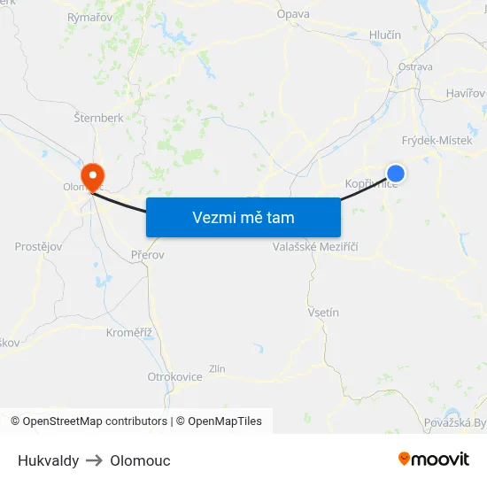 Hukvaldy to Olomouc map