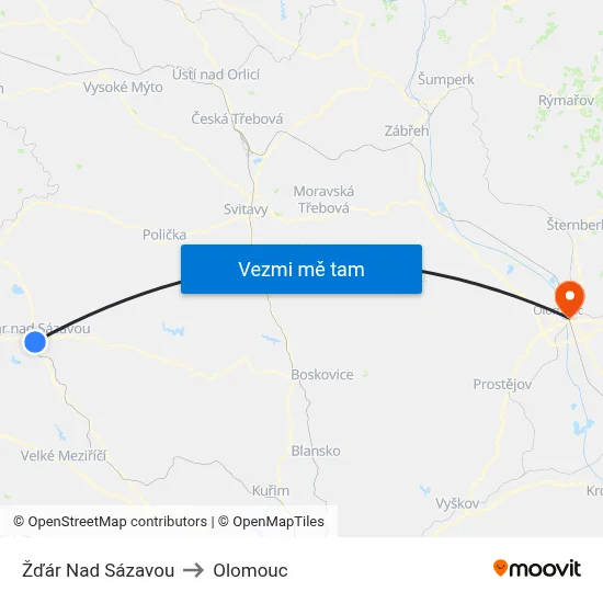 Žďár Nad Sázavou to Olomouc map