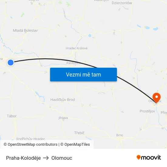 Praha-Koloděje to Olomouc map