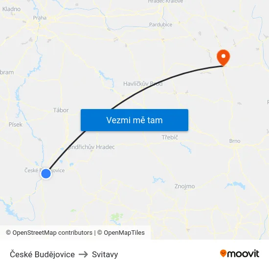 České Budějovice to Svitavy map